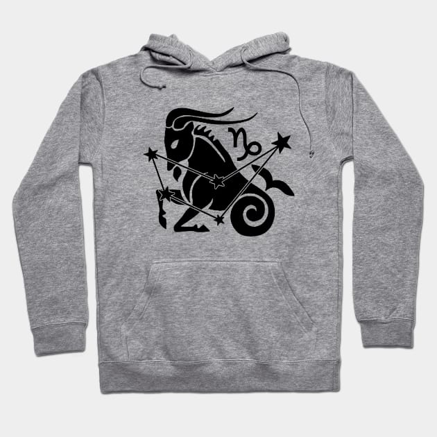 Capricorn - Zodiac Astrology Symbol with Constellation and Sea Goat Design (Black on White, Symbol Only Variant) Hoodie by Occult Designs